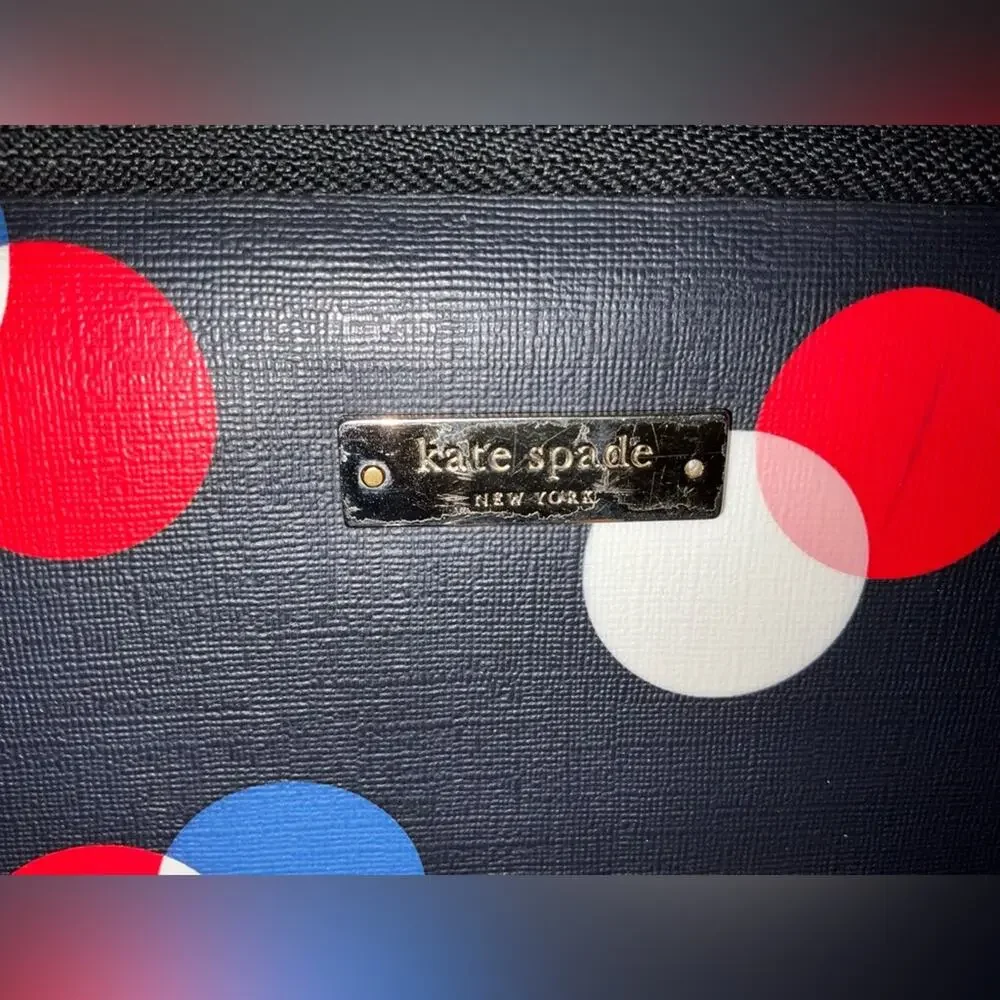 Kate Spade Navy & Multicolor Polka Dot Zippered Leather Laptop Case EUC upto 14”